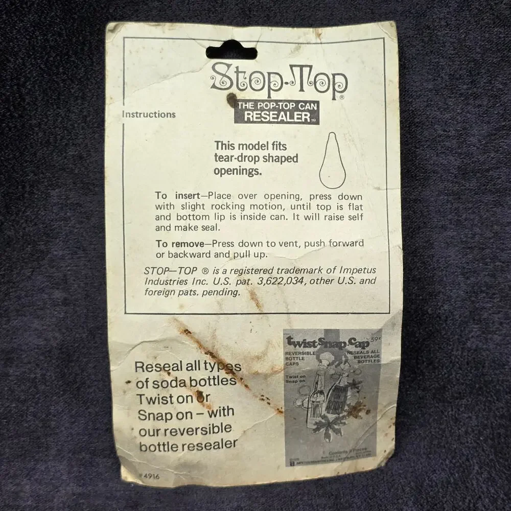 Vintage Stop-Top The Pop Top Can Resealer Cap by Impetus Industries Soda Beer